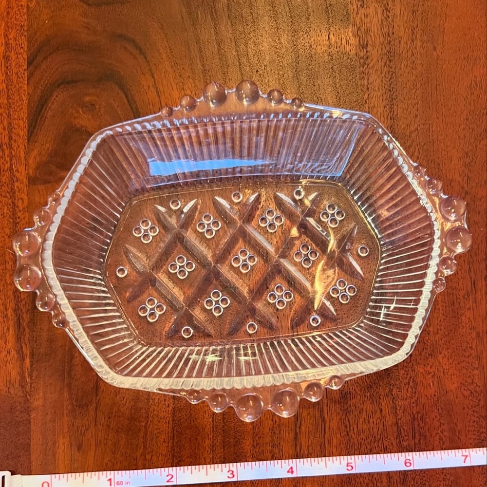 Cute little vintage glass tray with diamond and polkadot pattern.
